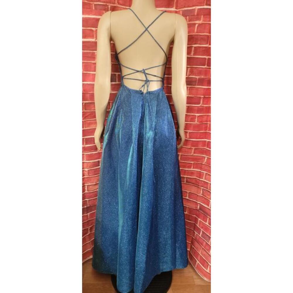 EUREKA - METALLIC BLUE WOMEN'S BALLGOWN SCOOP NECKLINE SIDE SLIT XS  #03 - Picture 4 of 10
